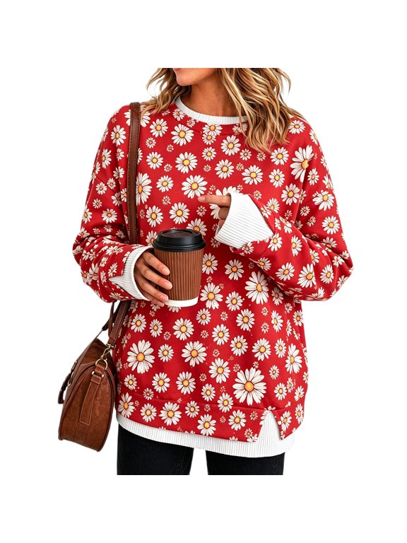 Womens Sweatshirts Daisy Floral Fake Layer Sweatshirts Long Sleeve Tops Casual Fall Pullover