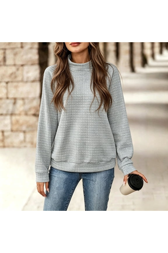 Womens Sweatshirts Diamond Argyle Solid Print Button-Decorated Cozy Mock Neck Long Sleeve Pullover Jumper for Casual Wear Grey M
