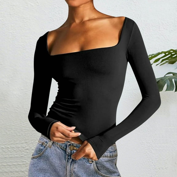 Womens Sweatshirts, Double Lined Square Neck Long Sleeve Shirts for Women - Basic Slim Fit Crop T Shirt