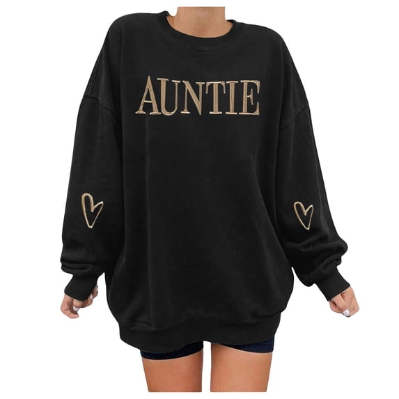Womens Sweatshirts Embroidery Auntie Letter Print Long Sleeve Pullover Top For Sweatshirts