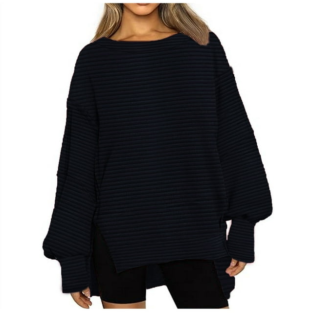 Womens Sweatshirts Fall 2024 Long Lantern Sleeve Oversized Side Slit Sweatshirt Casual Crewneck Loose Ribbed Knit Pullover Tops