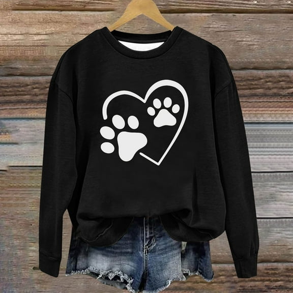 Womens Sweatshirts Fashion Dog Paw Element Print Hoodless Sweatshirt Fall Winter Long Sleeved Sweat Shirt Pullover Tops