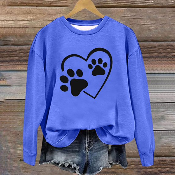 Womens Sweatshirts Fashion Dog Paw Element Print Hoodless Sweatshirt Fall Winter Long Sleeved Sweat Shirt Pullover Tops