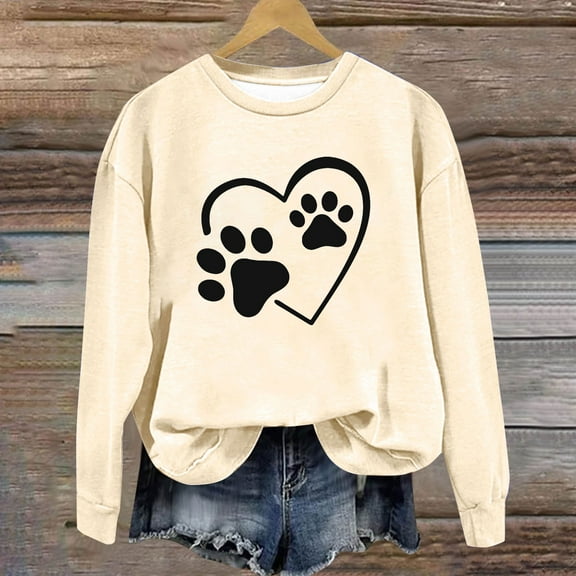 Womens Sweatshirts Fashion Dog Paw Element Print Hoodless Sweatshirt Fall Winter Long Sleeved Sweat Shirt Pullover Tops