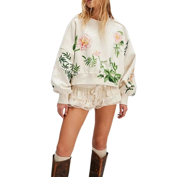 Womens Sweatshirts Floral Print Oversized Sweatshirt for Women Cute Tops Pullover Crew Neck Casual Shirts for Women Workout Tops for Women Lightweight Graphic,White,XL