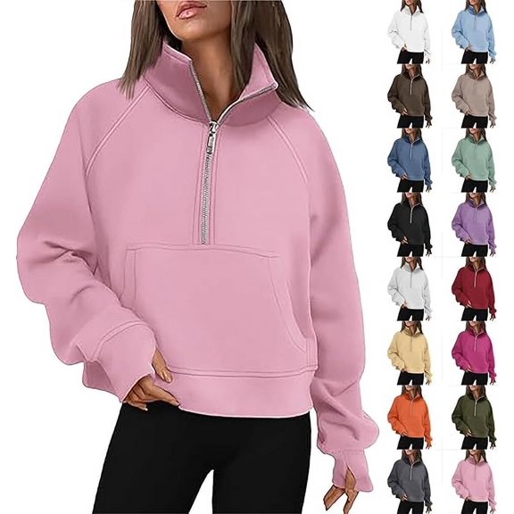 Womens Sweatshirts Half Zip Cropped Hoodie Pullover Fleece Quarter Zipper Comfy Outfits 2024 Fall Fashion Clothes