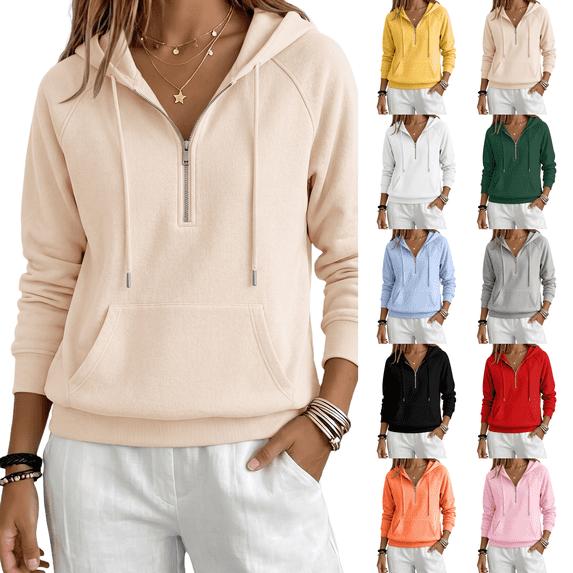 Womens Sweatshirts Half Zip Cropped Pullover Fleece Quarter Zipper Hoodies 2026 Fall Fashion Clothes Beige 2XL