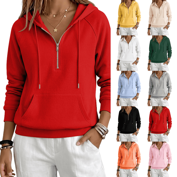 Womens Sweatshirts Half Zip Cropped Pullover Fleece Quarter Zipper Hoodies 2026 Fall Fashion Clothes Red M