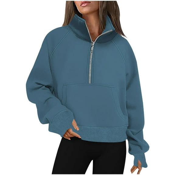 Womens Sweatshirts Half Zip Cropped Pullover Fleece Zipper Hoodies Long Sleeve Side Split Plain Pullover Sweatshirt with Pockets Loose Casual Sweater Dressy Comfy Streetwear #4Navy S
