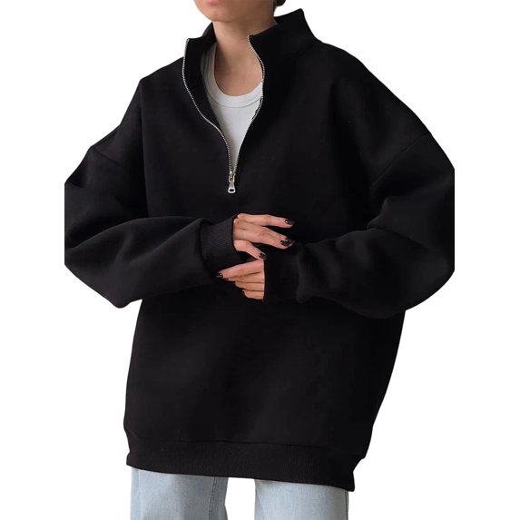 Womens Sweatshirts Half Zip Cropped Pullover Quarter Zipper Hoodies 2025 Fall Fashion Outfits Black (Thick) L