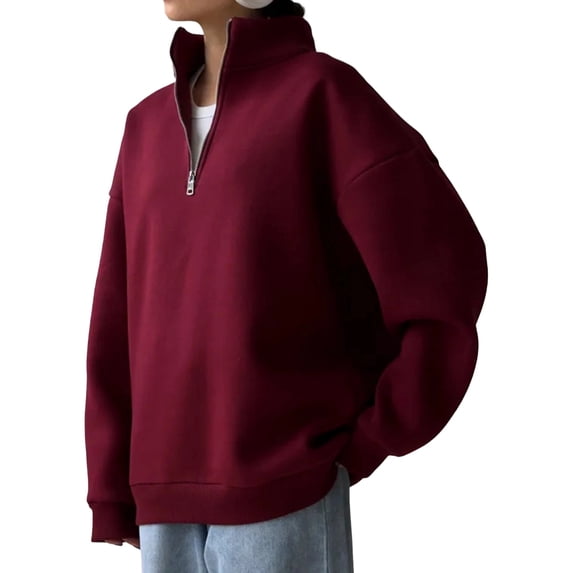 Womens Sweatshirts Half Zip Cropped Pullover Quarter Zipper Hoodies 2025 Fall Fashion Outfits Wine Red (Thick) L