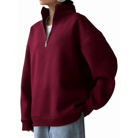 Womens Sweatshirts Half Zip Cropped Pullover Quarter Zipper Hoodies 2025 Fall Fashion Outfits Wine Red (Thin) M