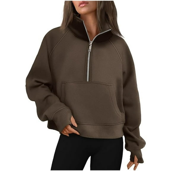 Womens Sweatshirts Half Zip Cropped Pullover Quarter Zipper Solid Color Fall Fashion Tunic Tops Outfits