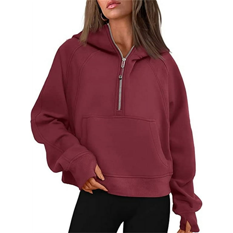 Womens Sweatshirts Half Zip Cropped Pullover Zipper Hoodies Clothes Thumb  Hole R 