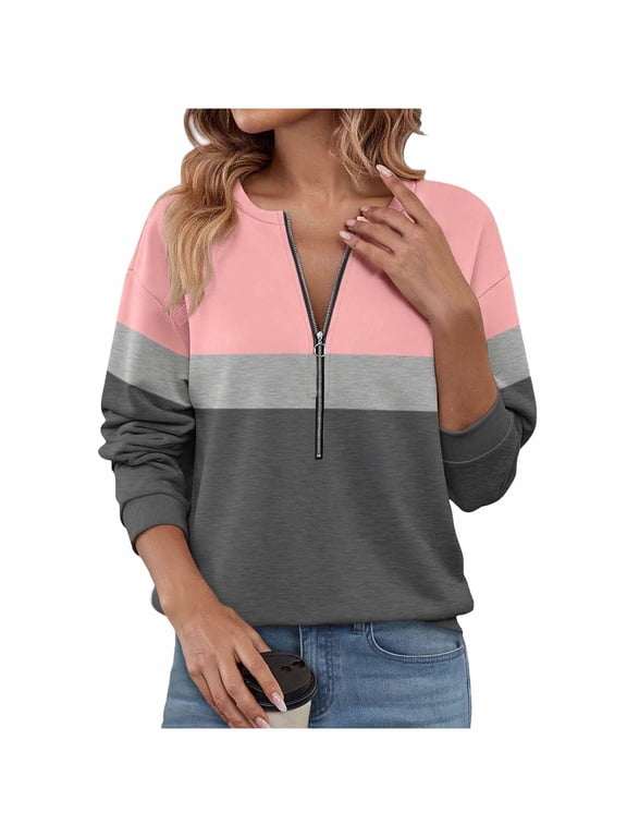 Womens Sweatshirts Half Zip Fleece Pullover Tops Color Block Patchwork Quarter Zipper Hoodies Fall Winter Clothes