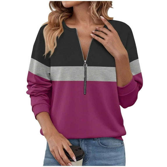 Womens Sweatshirts Half Zip Fleece Pullover Tops Color Block Patchwork Quarter Zipper Hoodies Fall Winter Clothes