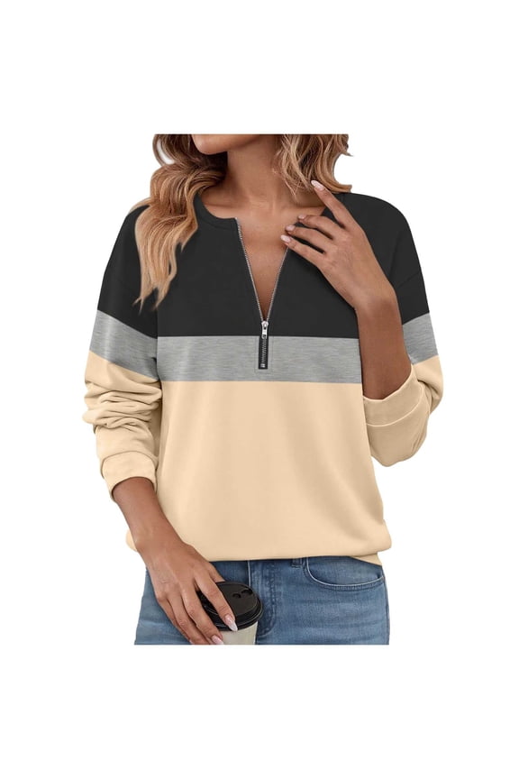 Womens Sweatshirts Half Zip Fleece Pullover Tops Color Block Quarter Zipper Blouse Fashion Fall Winter Clothes