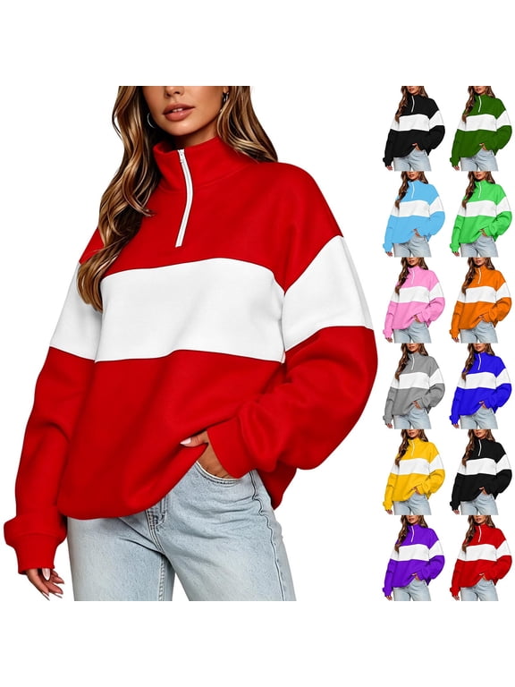 Womens Sweatshirts Half Zip Stand Neck Pullover Tops Color Match Quarter Zipper Fall Winter Fashion Shirts Orange XXL