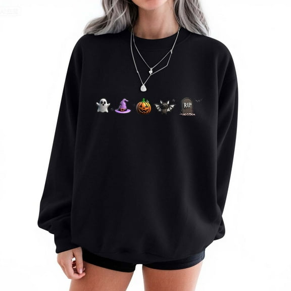 Womens Sweatshirts Halloween Printed Round Neck Long Sleeved Sweatshirts Black