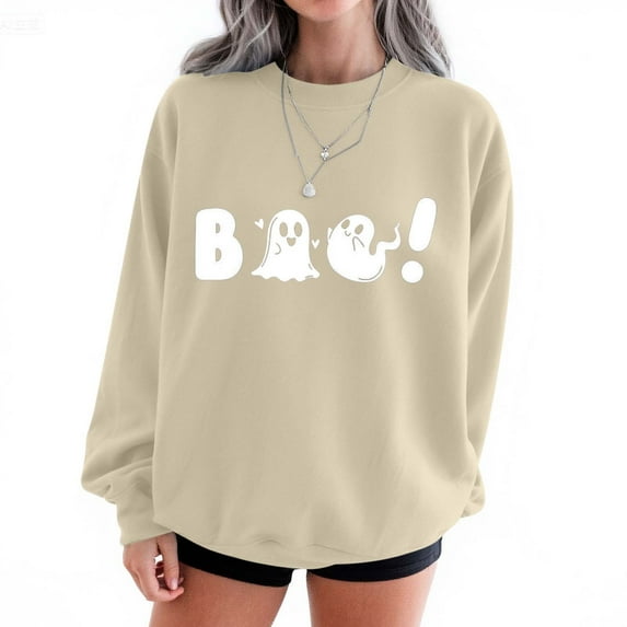 Womens Sweatshirts Halloween Printed Round Neck Long Sleeved Sweatshirts,Tops for Women Beige