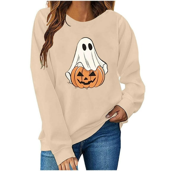 Womens Sweatshirts Halloween Printed Round Neck Long Sleeved Sweatshirts,Tops for Women Beige