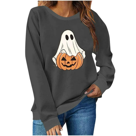 Womens Sweatshirts Halloween Printed Round Neck Long Sleeved Sweatshirts,Tops for Women Dark Gray