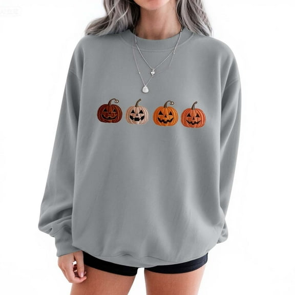 Womens Sweatshirts Halloween Sweatshirts Printed Round Neck Long Sleeved Sweatshirts Gray M
