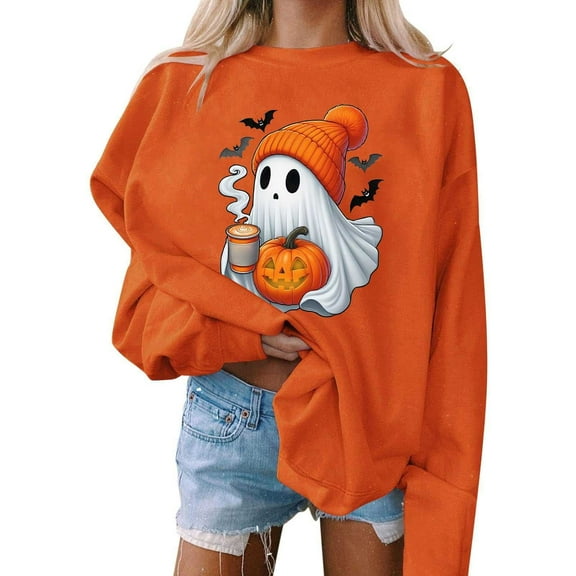 Womens Sweatshirts Halloween Printed Round Neck Long Sleeved Sweatshirts,Tops for Women Orange