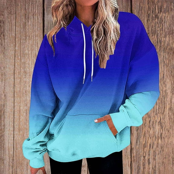 Womens Sweatshirts Hooded Gradient Printed Pocket Drawstring Cover Sweatshirts,Tops for Women Dark Blue