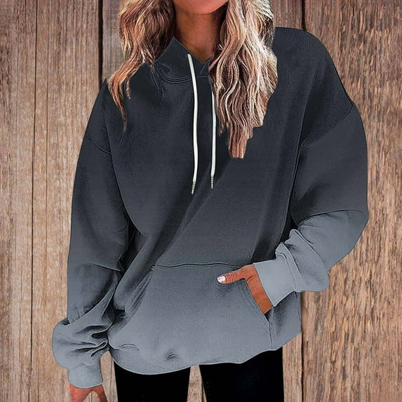 Womens Sweatshirts Hooded Gradient Printed Pocket Drawstring Cover Sweatshirts,Tops for Women Navy