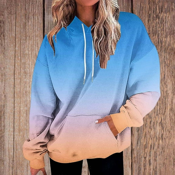 Womens Sweatshirts Hooded Gradient Printed Pocket Drawstring Cover Sweatshirts,Tops for Women Sky Blue