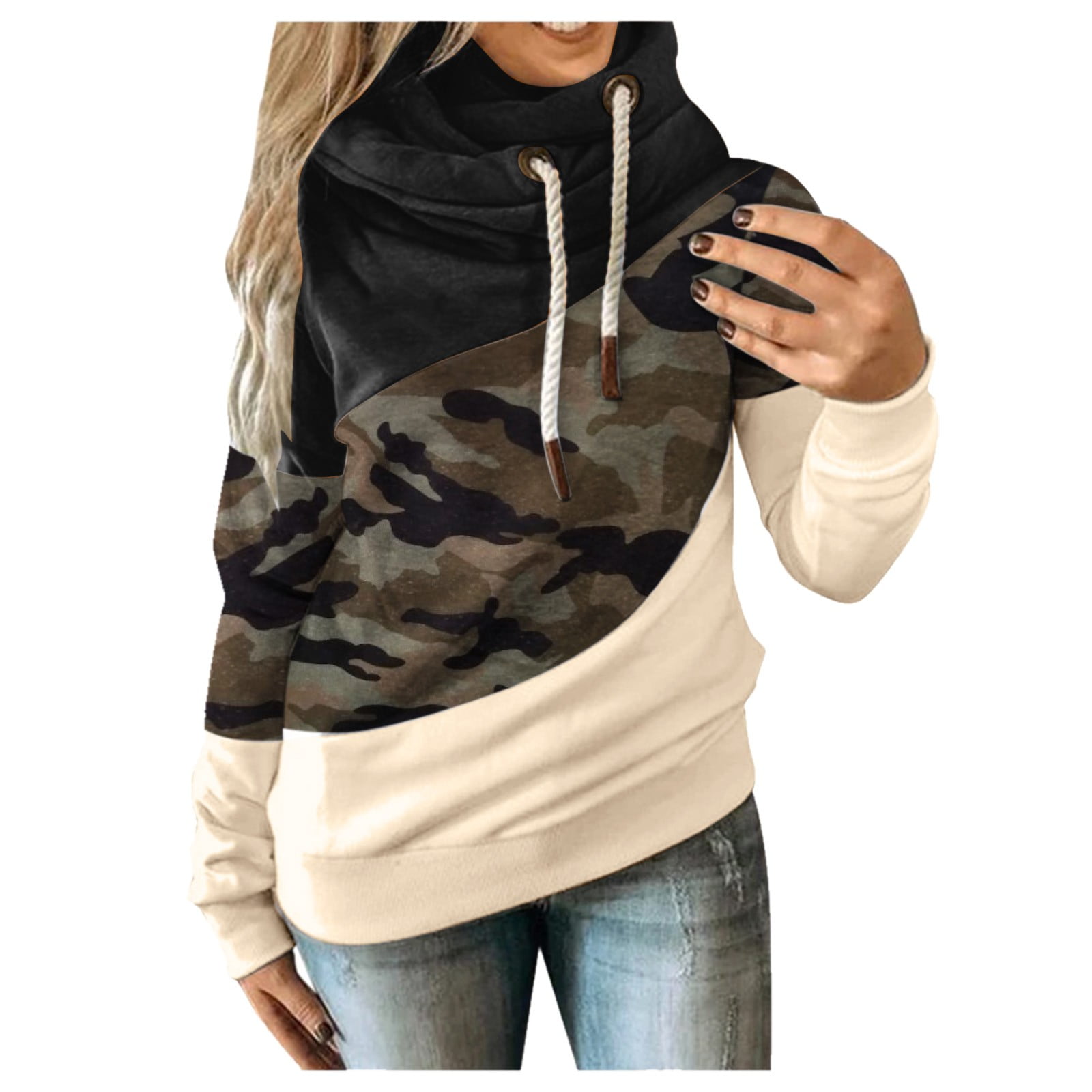 Women's Ladies Classic Sweatshirt Sleeve Casual Hoodie Splice Contrast Long  Sweatshirt Solid Strap Women Tops Women's Hoodies & Sweatshirts Hooded Swe