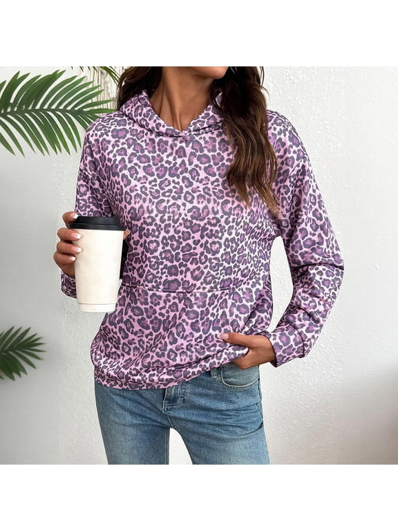 Womens Sweatshirts Leopard Print Long Sleeve Fashion Hoodies Fall Winter Hooded Pullover with Pocket Pink S