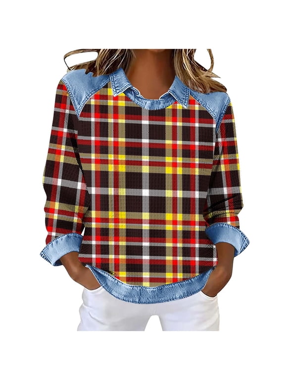 Womens Sweatshirts Lightweight Patchwork Checkered Lapel Collar Pullover Tops Vintage Streetwear Shirts (3XL, Gold)