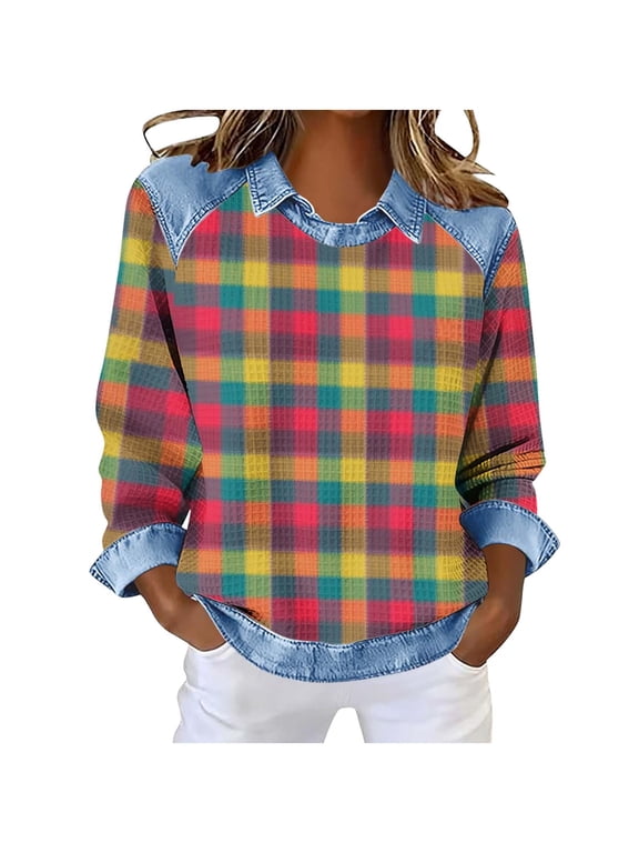 Womens Sweatshirts Lightweight Patchwork Checkered Lapel Collar Pullover Tops Vintage Streetwear Shirts (L, Hot Pink)