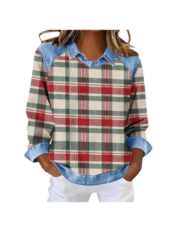 Womens Sweatshirts Lightweight Patchwork Checkered Lapel Collar Pullover Tops Vintage Streetwear Shirts (L, Khaki)