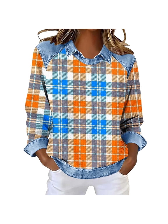 Womens Sweatshirts Lightweight Patchwork Checkered Lapel Collar Pullover Tops Vintage Streetwear Shirts (L, Yellow)