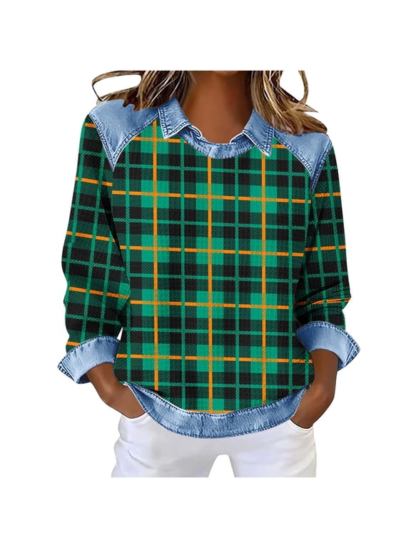 Womens Sweatshirts Lightweight Patchwork Checkered Lapel Collar Pullover Tops Vintage Streetwear Shirts (S, Green)