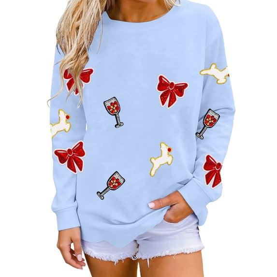 Womens Sweatshirts Long Sleeve Crew Neck Bowknot Print Loose Fit Casual Tunic Tops