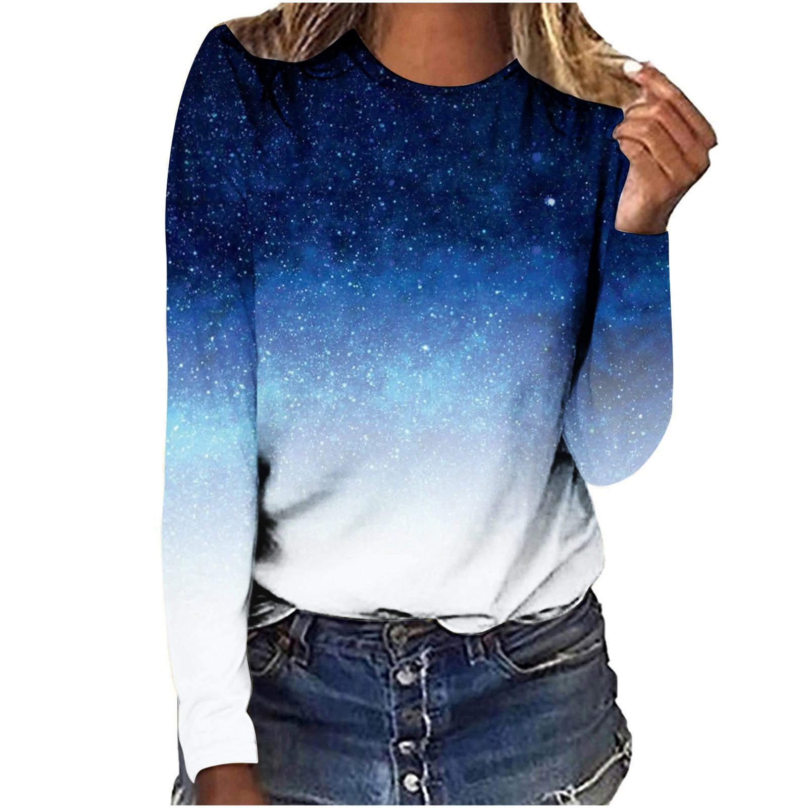 Binmer Fashion Gradient Color Crewneck Sweatshirts for Womens Casual Long  Sleeve Blouse Loose Comfy Lightweight Shirts Tops