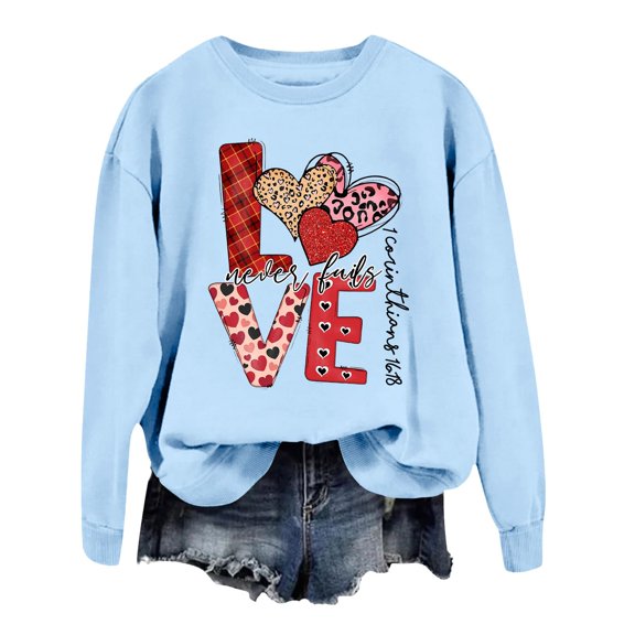 Womens Sweatshirts Lovers Heart Printed Hoodless Sweater Valentines Day Pullover