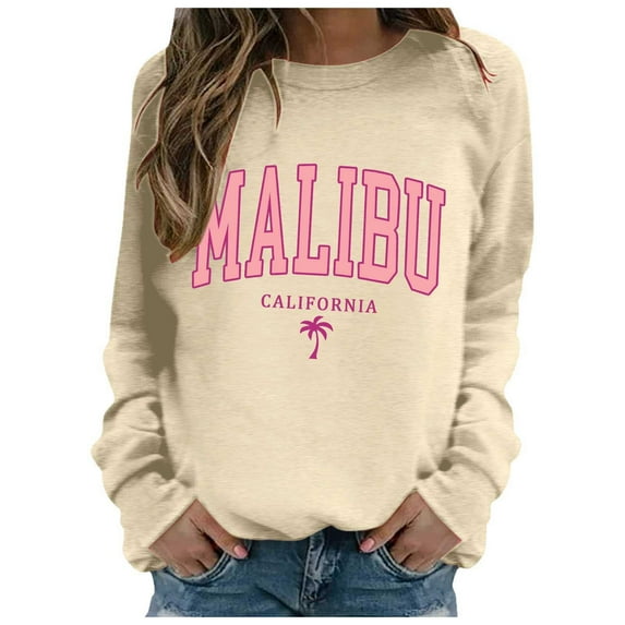 Womens Sweatshirts Malibu Letter Print Fall Crewneck Sweatshirt Relaxed Fit Basic Top Essential Casual Outfit Hoodies for Women Light Yellow M
