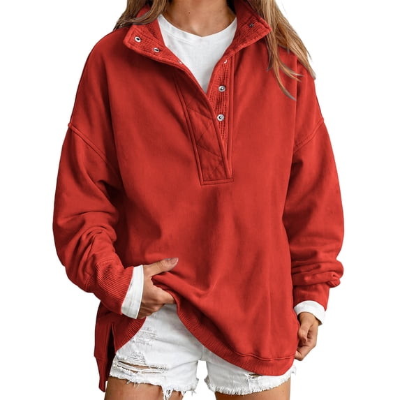 Womens Sweatshirts Oversized Button Collar Sweatshirt Quilted Placket Oversized Fall Outfits Relaxed Fit, Casual, Trendy, Daily Outfits Mock Neck Pullover Tops Henley Y2k Collar,Red,L