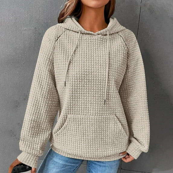 Womens Sweatshirts Plus Size Hooded Long Sleeve Solid Raglan Sweater Beige 2XL