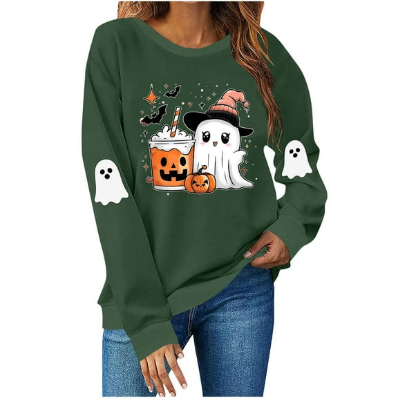 Womens Sweatshirts Plus Size Halloween Cute Ghost Printed Long Sleeved Round Neck Loose Fitting Sweatshirt,Tops for Women