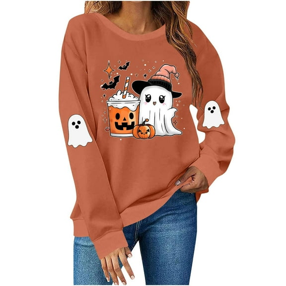Womens Sweatshirts Plus Size Halloween Cute Ghost Printed Long Sleeved Round Neck Loose Fitting Sweatshirt,Tops for Women