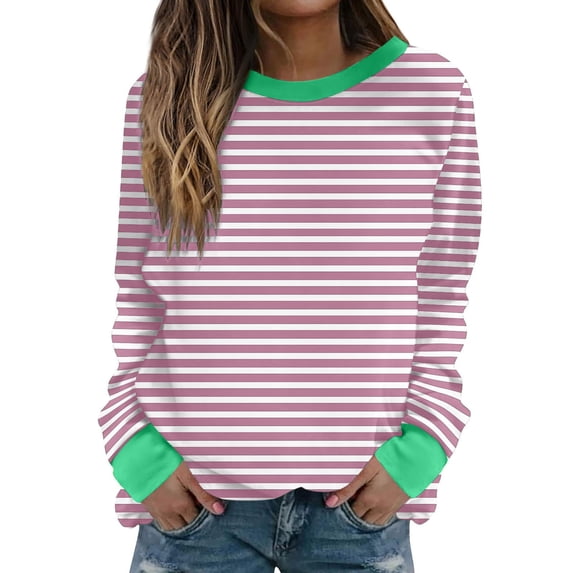 Womens Sweatshirts Plus Size Stripe Casual Fall Winter Hoodless Long Sleeve Round-Neck Loose Sweatshirts
