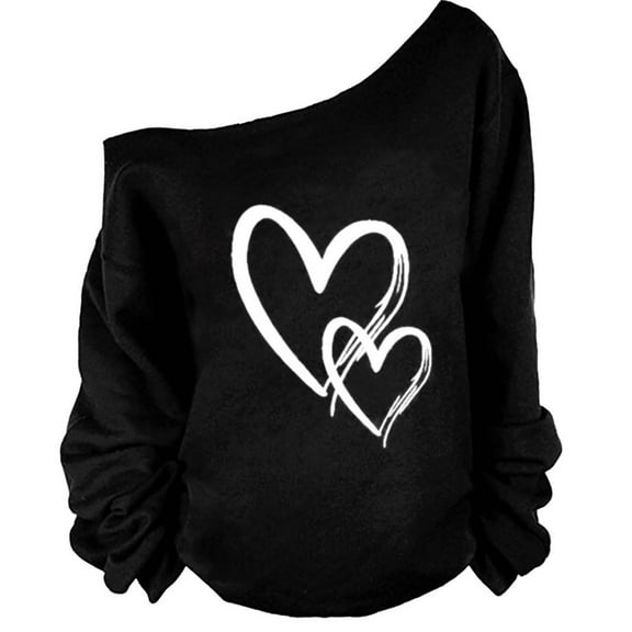 Womens Sweatshirts Printed Off Shoulder Slanted Shoulder Long Sleeved Loose Blouses,Tops for Women Black