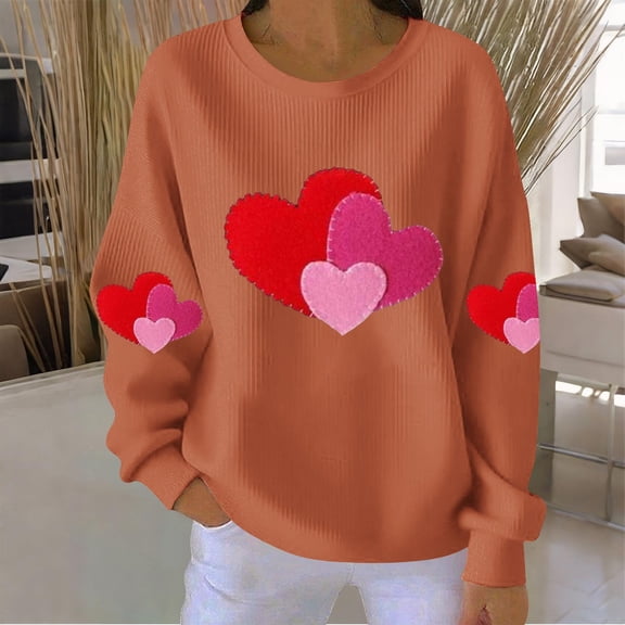 Womens Sweatshirts, Ribbed Knit Pullover Valentine Day Tops Love Heart Print Long Sleeve Crewneck Casual Sweater (XL, Orange 04)