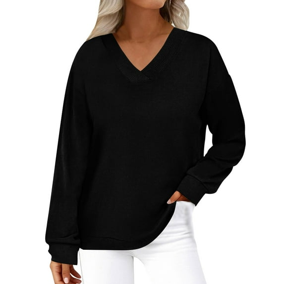 Womens Sweatshirts, Ribbed Knit V-Neck Pullover Tops for Women Travel Vacation Winter Warm Fleece Solid Color Long Sleeve Shirts
